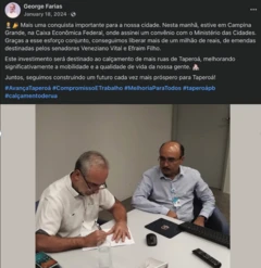 Imagem de uma página de Facebook do prefeito George Farias, de Taperoá, na Paraíba