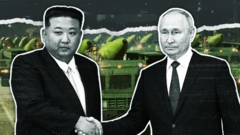 ဒုံးလက်နက်နောက်ခံပုံနဲ့ လက်ဆွဲနှုတ်ဆက်နေတဲ့ ရုရှားသမ္မတ ဗလာဒီမီယာ ပူတင်နဲ့ မြောက်ကိုရီးယားခေါင်းဆောင် ကင်ဂျုံအွန်း 