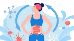 Ilustración que muestra un cuerpo y la ubicación del cerebro y la del intestino.