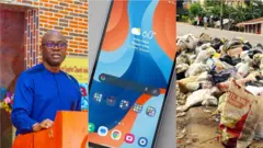 Aworan gomina Seyi Makinde, ẹrọ ibanisọrọ ilewọ ati ojuko idọti kan