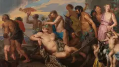 Escena con el dios Baco en el medio recostado mientras le dan uvas, con una multitud alrededor de niños y adultos y un burro.