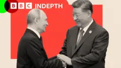 Putin and Xi greeting each other with a handshake, with a red background and the two leaders images in black and white
