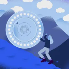 岩のような岩のように山に丸薬を押す女性のイラスト