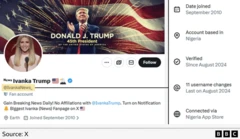 「IvankaNews_」のプロフィール画面のスクリーンショットと、「このアカウントについて」タブのスクリーンショットが並べられている。プロフィール画面のバナーには、トランプ氏と星条旗の画像に「第47代アメリカ大統領」という文言をあしらった画像が使われ、アイコンにはイヴァンカ氏の写真が使われている。「このアカウントについて」タブには、このアカウントの作成年月(2010年9月)、位置情報(ナイジェリア)、認証を受けた年月(2024年8月以降)、ユーザー名の変更回数(11回)と最新変更年月(2024年8月)、Xへのアクセス方法(ナイジェリアのAppStoreから)が示されている