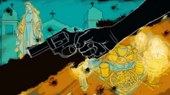 Illustration représentant une arme à feu, des drogues et des symboles religieux.