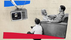 رجل مع طفلين يشاهدون التلفاز