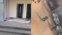 Collage foto show the bank doors and some of di robbers in operation