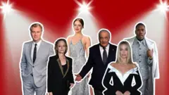 Graphic showing Oscar nominees with spotlights shining on them 