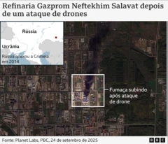 Imagem de satélite da refinaria Gazprom Neftekhim Salava após um ataque ucraniano em setembro. É possível ver a fumaça saindo do lado direito da refinaria.