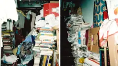 Imagem composta mostra duas fotografias lado a lado. À esquerda, existe um pequeno quarto com um armário aberto, repleto de livros empilhados, pilhas de roupas e CDs. À direita, há uma escada com um dos lados tomado por altas pilhas de jornais, caixas de papelão e sacos.