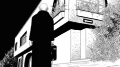 Ilustración del restaurante Pozzetto y el asesino en la novela gráfica "Satanás".