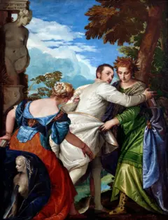 Una pintura en la que un hombre con una chaqueta blanca se abalanza a proteger a una mujer con vestido verde, mientras otra mujer, con vestido rojo y azul se acerca a la pareja.