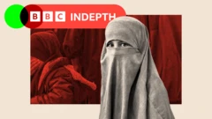 A treated image showing women and children queuing in the background, with a black and white image of a person wearing a niqab