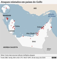 Um mapa com pontos vermelhos mostra a localização de ataques iranianos no Bahrain, no Catar e nos Emirados Árabes Unidos