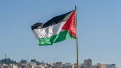 العلم الفلسطيني الكبير يرفرف فوق المدينة. - صورة فوتوغرافية