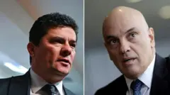 Colagemo esporte betfotoso esporte betSergio Moro e Alexandreo esporte betMoraes; eles estão olhando para o lado, com olhar sério