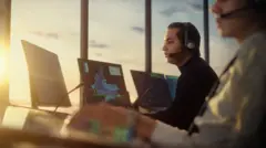 Imagem de arquivo de um controlador de tráfego aéreo com fones de ouvido na torre de controle de um aeroporto