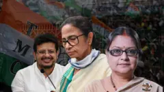 तृणमूल के तीन धड़ों के नेता- (बाएं से दाएं) ऋतब्रत बनर्जी, ममता बनर्जी और काकोली दस्तीदार