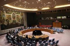O Conselho de Segurança da ONU durante a votação de uma resolução de cessar-fogo sobre a situação no Oriente Médio, em Nova York, em 18 de setembro