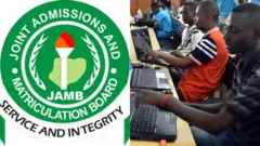 Jamb logo and foto of Students wey dey write exam