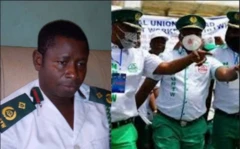 Abideen Olajide wọ aṣọ ẹgbẹ́ NURTW, àwọn òṣìṣẹ́ NURTW míì wà ní ẹ̀gbẹ́ ọ̀tún 