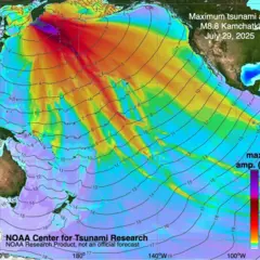 Gráfico que muestra en naranja y rojo la expansión del tsunami en el mar