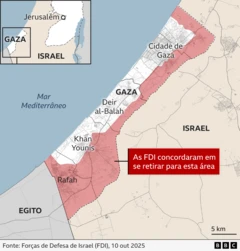 Mapa mostrando até onde as tropas israelenses se retiraram dentro da Faixa de Gaza, segundo o plano de Trump