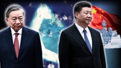 Ảnh thiết kế: ông Tô Lâm (trái) và ông Tập Cận Bình, phía sau là ảnh vệ tinh đá Hải Sâm, cờ Trung Quốc và một tàu hải cảnh Trung Quốc