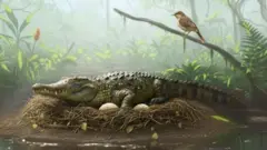 An AI-generated reconstruction of a 'drop croc', or mekosuchine crocodile, on top of a nest containing eggs on the bank of a pond in a forest with other animals seen around it.