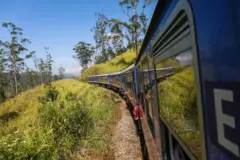 An 'Ella Odyssey' train heading to Badulla on January 14, 2023. The train journey between Kandy and Badulla has been referred to as one of the world's most scenic and beautiful train journeys. (Photo by Pradeep Dambarage/NurPhoto via Getty Images)