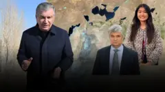 Расмда, ўнг томонда президент гапиряпти, орқа фонида эса Орол денгизининг қуриган тубидаги тўқайзор, чап томонида Вадим Соколов ва Рамуза Мухамметшерипова, орқа фонида Орол денгизнинг қуругандан кейинги спуткиндан олинган харитаси.