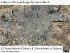 Mapa de Teerã com pontos azuis nas áreas onde vídeos verificados mostravam protestos ocorridos em 8 de janeiro e pontos vermelhos, em áreas com vídeos verificados mostrando protestos de 9 de janeiro de 2026
