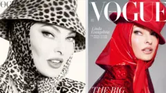 Portadas de la revista Vogue donde se ve a Linda Evangelista completamente cubierta, no se le ve ni el pelo, ni las orejas ni el cuello.