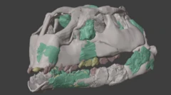 Reconstrucción generada por computadora de un cráneo de dinosaurio en color gris, con algunas partes en verde y los dientes en marrón y amarillo.