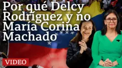 Montaje con los perfiles de Delcy Rodríguez y María Corina Machado, con la bandera de Venezuela de fondo