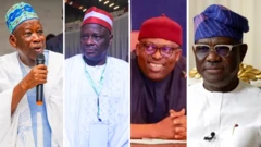 Former govnors of Kano state Abdullahi Umar Ganduje, Rabiu Musa Kwankwaso and Govnor of Rivers State Siminalayi Fubara and former Govnor of Rivers, current minister of FCT, Nyesom Wike