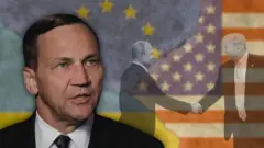 Колаж - Сікорський на тлі прапорів України, ЄС та США та рукостискання Трампа та Путіна