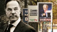 Обесцвеченный портрет Марка Рютте на фоне предвыборных плакатов.