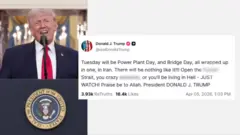 ထရမ့်ရဲ့ ခြိမ်းခြောက်မှုတွေ စစ်ရာဇဝတ်မှု မြောက်နိုင်ကြောင်း တီဟီရန်ပြော