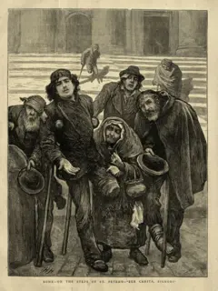 Ilustração de um grupo de mendigos na era vitoriana