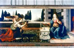 En "La Anunciación", una de las obras más célebres de Leonardo da Vinci, se muestra al arcángel Gabriel revelando a María que será la madre de Jesús.