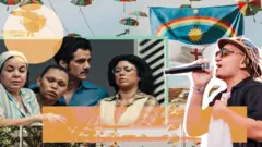 Montagem com cena do filme O agente secreto e cantor João Gomes, com bandeira de Pernambuco ao fundo