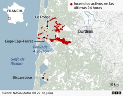Mapa de los incendios activos en Francia.