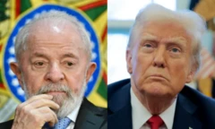 Montagem com fotos de Lula à esquerda e Donald Trump à direita