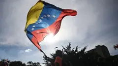 persona con bandera venezolana ondeándola al aire y con el sol de fondo