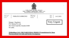 නික්ෂේපණයේ කාණ්ඩ 4ක් මෙරට රෝහල් තුළ රෝගීන්ට ලබා දීම සහ පුද්ගලික ඖෂධ සැල් තුළ විකිණීම අත්හිටුවන ලෙස ජාතික ඖෂධ නියාමන අධිකාරිය විසින් දෙසැම්බර් 12 වෙනිදා "ඉතා හදිසි" ලේබලය යටතේ නිකුත් කර ඇති ලිපියකින් දැනුම් දී තිබේ.