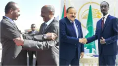Al-Buraan pirezidanti Isaayyaas waliin, ministira dhimma alaa Sudaan Ambaasaaddar Alii ministira dhimma alaa Itoophiyaa Geediyoon Ximootiwoos (PHD) waliin