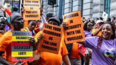Representatives of Rainbows Across Borders take part in the Pride in London parade on 1 July 2023 in London, United Kingdom. Over a million people watched the 51st annual Pride parade in which an estimated 30,000 people took part from over 600 organisations including many LGBT+ community groups.