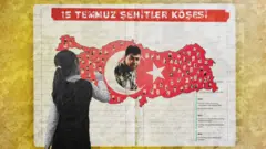 İllüstrasyon bir kız çocuğunu 15 Temmuz panosu önünde gösteriyor