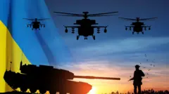 Силуети солдата та бойового танка на полі бою, у небі літають військові вертольоти, на тлі заходу сонця майорить прапор України. Векторний файл